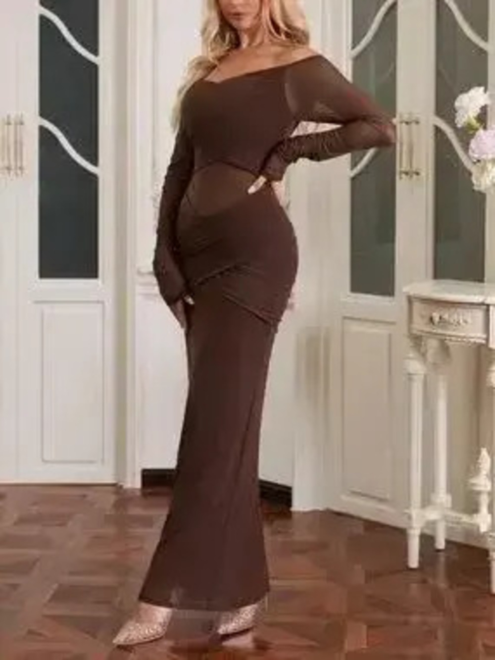Off-Shoulder Ruched Mesh Long Sleeve Maxi Dress - Picture 7 of 9